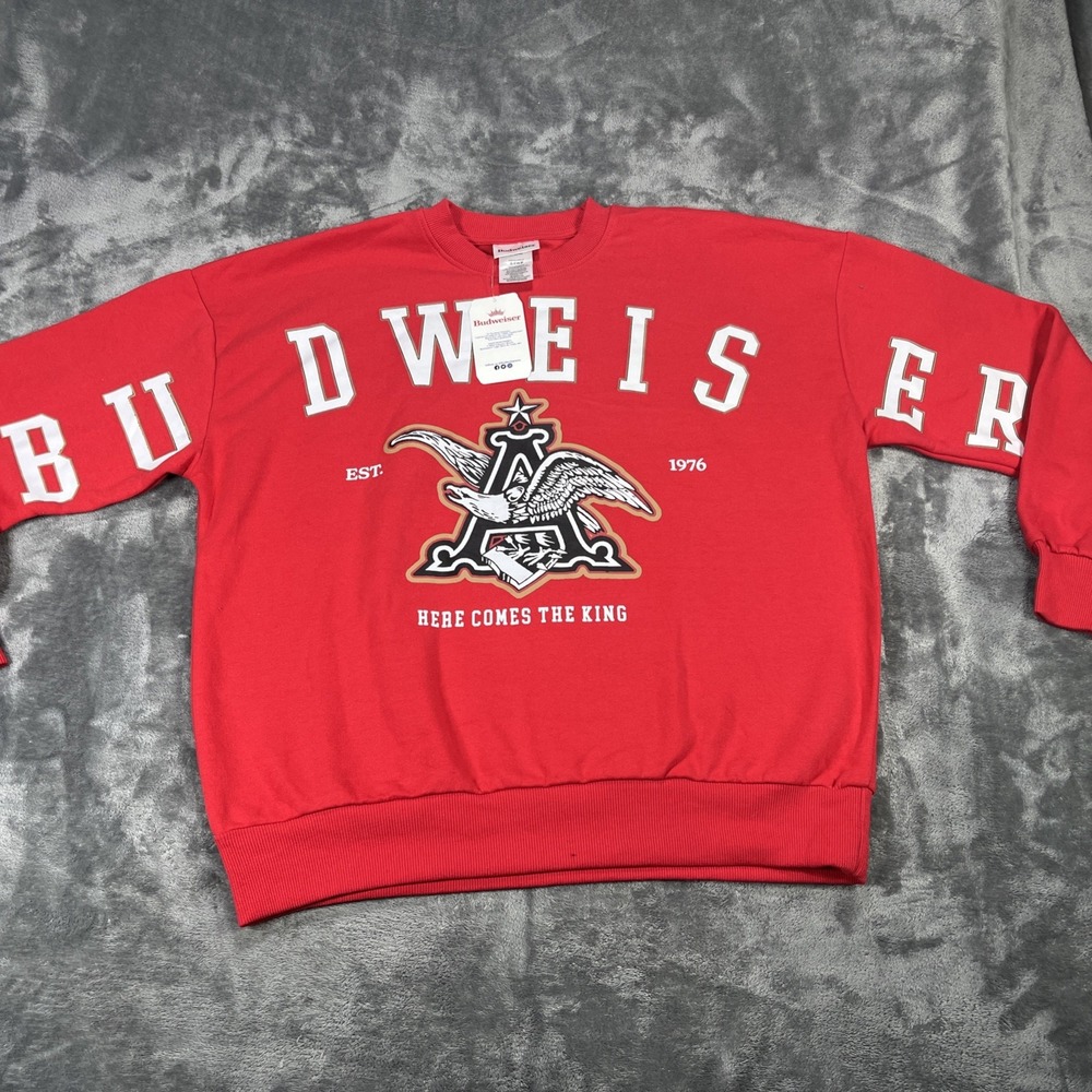 Budweiser Sweater Men Red Small "The King" Crew Neck Eagle Spellout Unisex